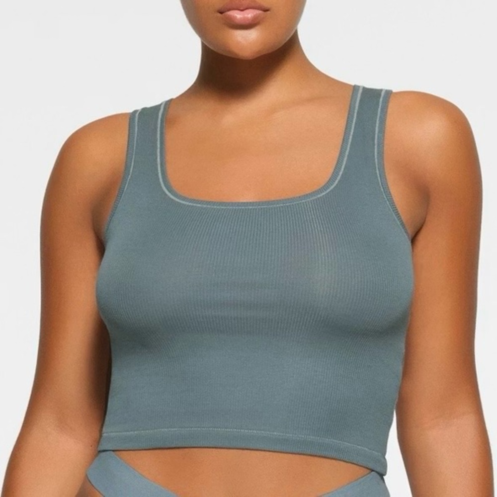 Skims Cotton Rib Tank SZ S Blue Stretch Comfy Lounge Cropped Fitted Breathable